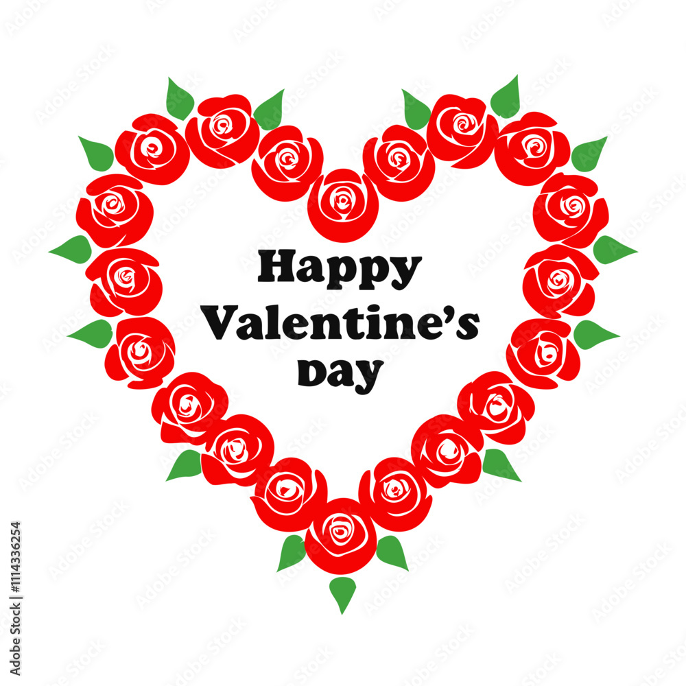 Fototapete vector silhouette of a valentine's day typography design in a heart shape with rose flowers isolated