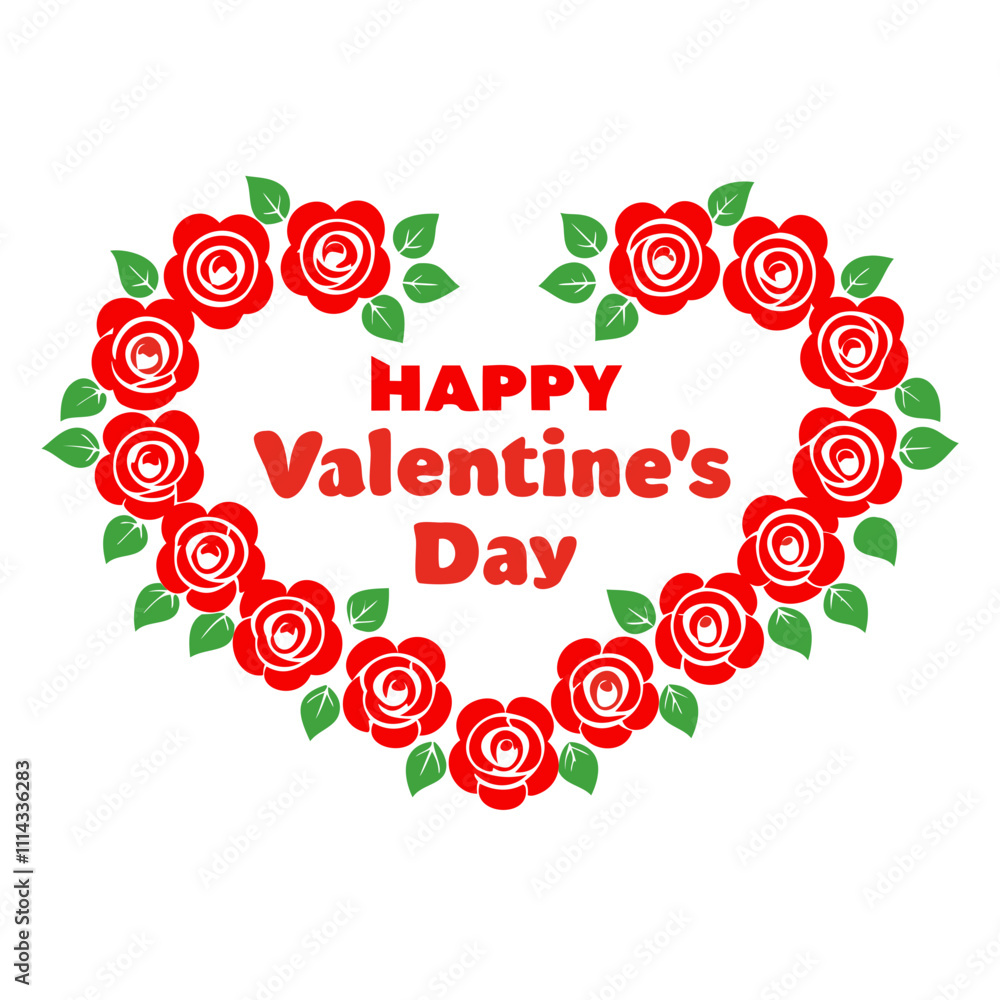 Fototapete vector silhouette of a valentine's day typography design in a heart shape with rose flowers isolated