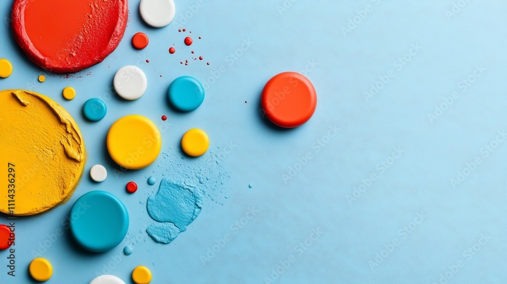 Poster playful colored blobs on light blue abstract background