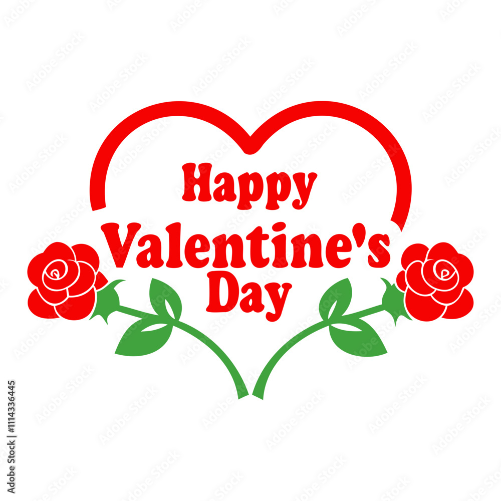 Fototapete vector silhouette of a valentine's day typography design in a heart shape with rose flowers isolated