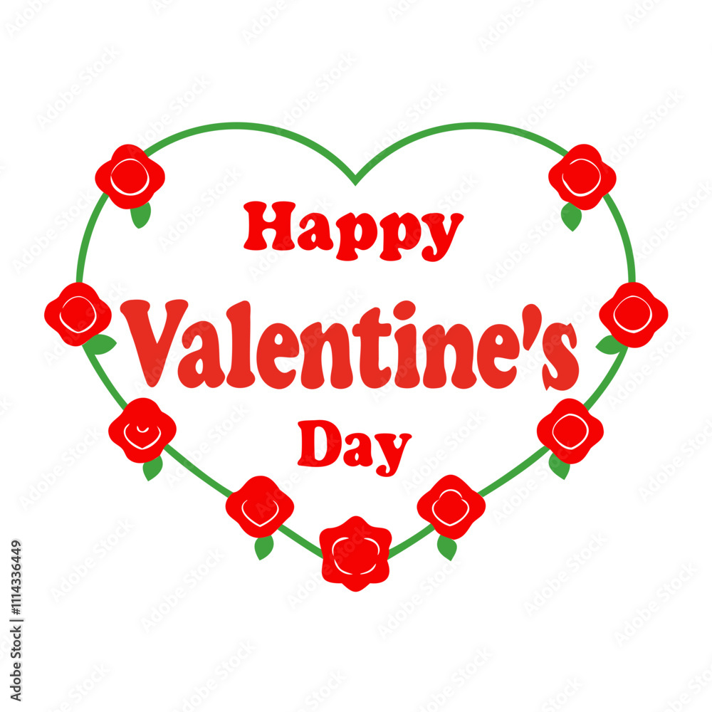 Fototapete vector silhouette of a valentine's day typography design in a heart shape with rose flowers isolated
