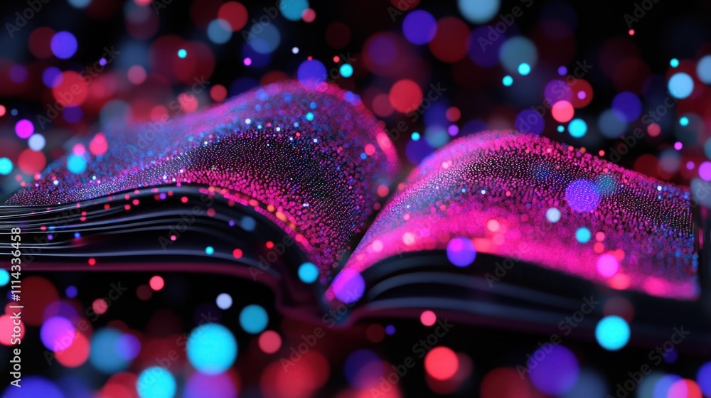 Poster open book surrounded by colorful bokeh lights on a dark background capturing the essence of imaginat