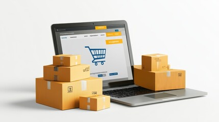 Laptop with Online Shopping and Delivery Boxes