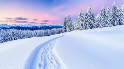 Obraz premium A tranquil winter scene at dawn, featuring snow-laden trees and a pathway.