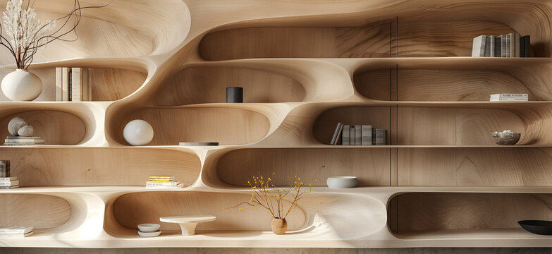 Virtual meeting background with trendy wooden asymmetrical shelves