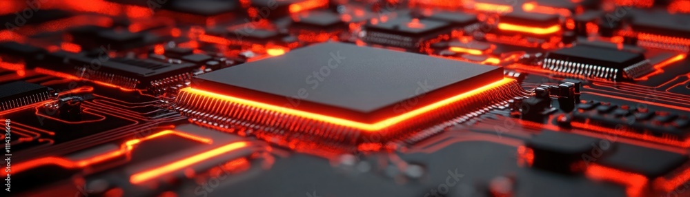 Poster detailed close-up view of a modern circuit board with vibrant red lighting and complex electronic co