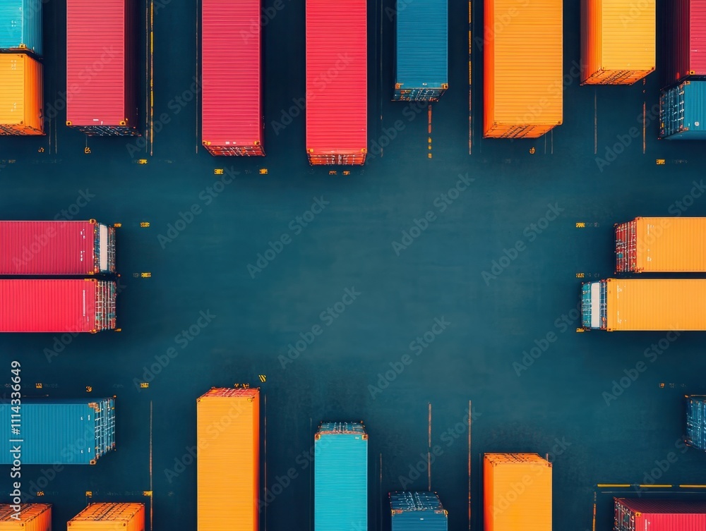 Poster aerial view of colorful shipping containers arranged neatly in a container terminal surrounded by em
