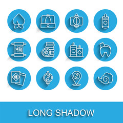 Set line Chinese New Year, paper lantern, Peach fruit or nectarine, Yin Yang symbol, Magic fog smoke, Yuan currency, fortune cookie and Firework icon. Vector