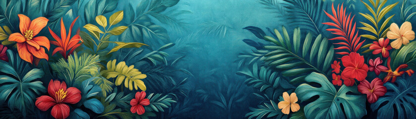 Vibrant tropical flowers and leaves create a lush, exotic scene.