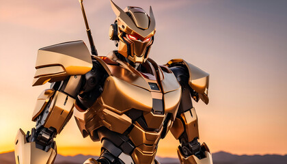 Fototapeta premium 3d render of evil robot, golden armored robot created with generative AI 