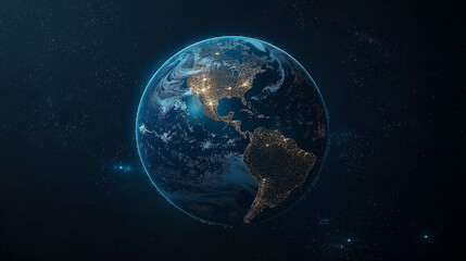 Obraz premium Earth's Embrace: A mesmerizing view of Earth from space, bathed in the ethereal glow of city lights and a cosmic tapestry of stars. This image evokes wonder, connection.