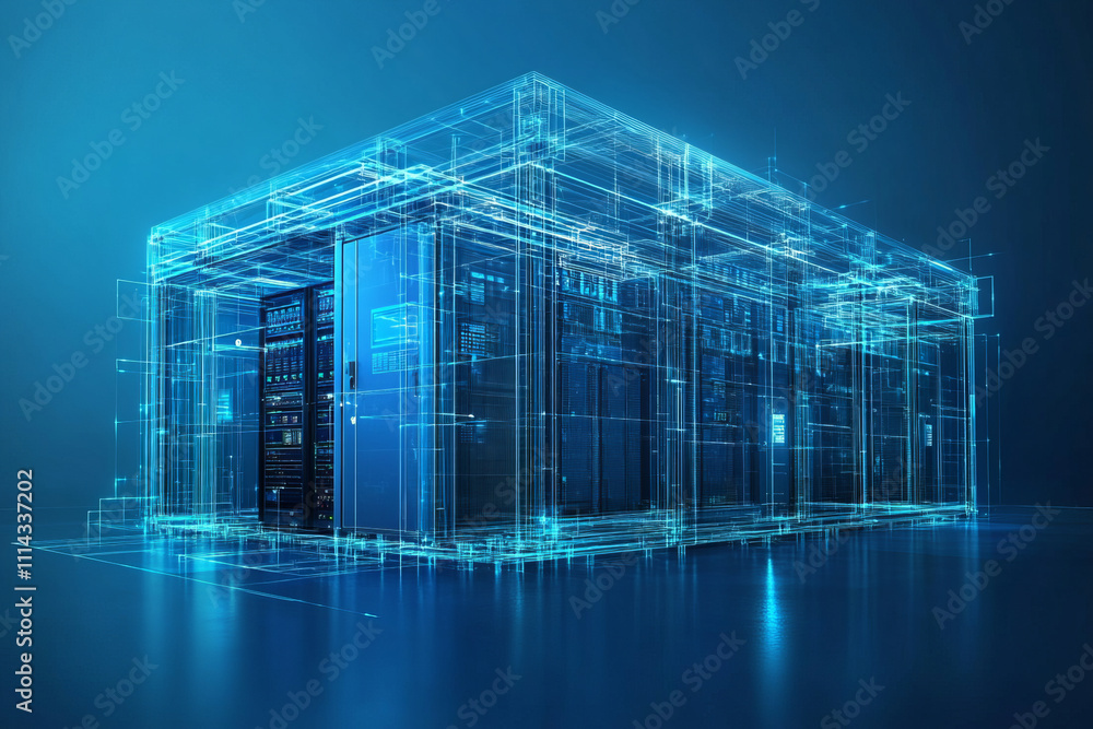 Poster blueprint of modular building with compact server room design