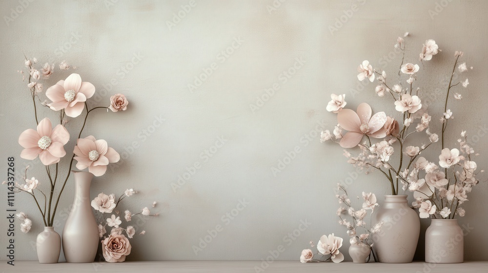 Aufkleber elegant arrangement of soft pink flowers in vintage style vases on neutral background creating a ser