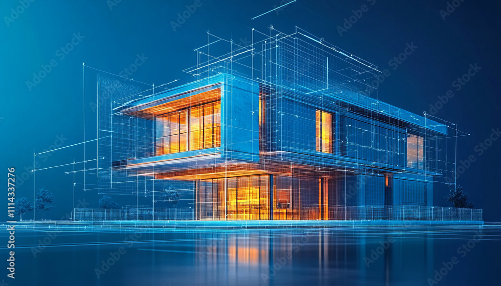 Poster blueprints and construction data for sustainable building design, showcasing modern architecture