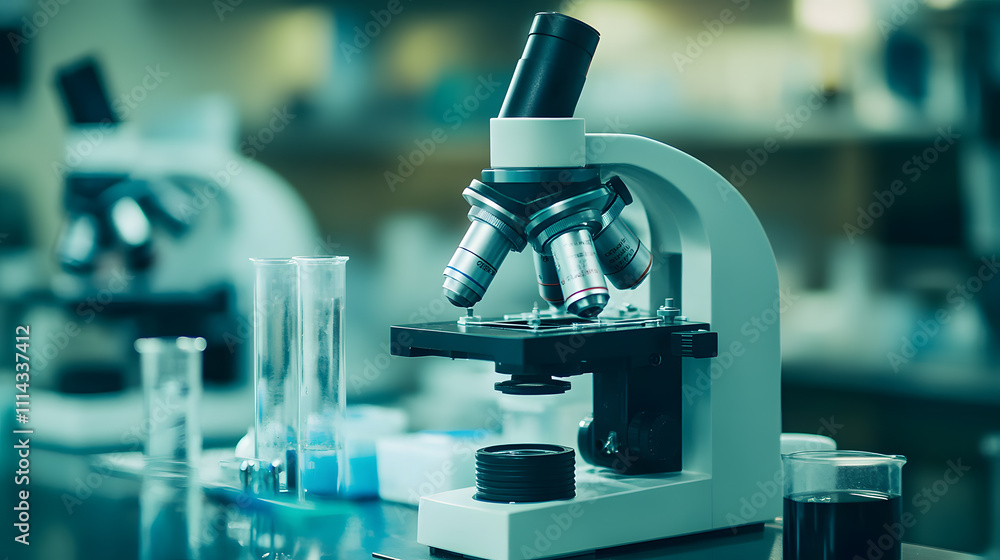 Poster microscope analysis in modern science lab uncovering biological mysteries with advanced technology p