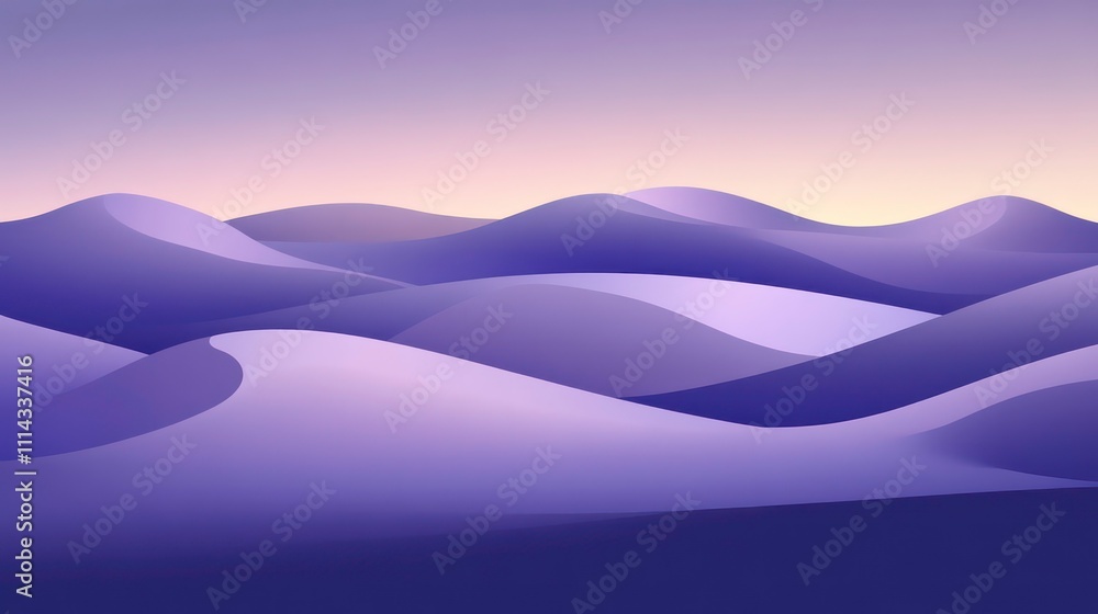 Poster a desert landscape with soft dunes and a gradient sky shifting from purple to deep blue.