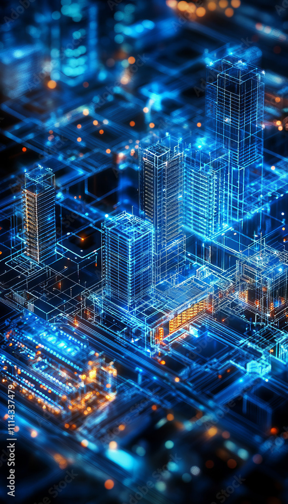 Aufkleber blueprints of tech park with illuminated server rooms and buildings
