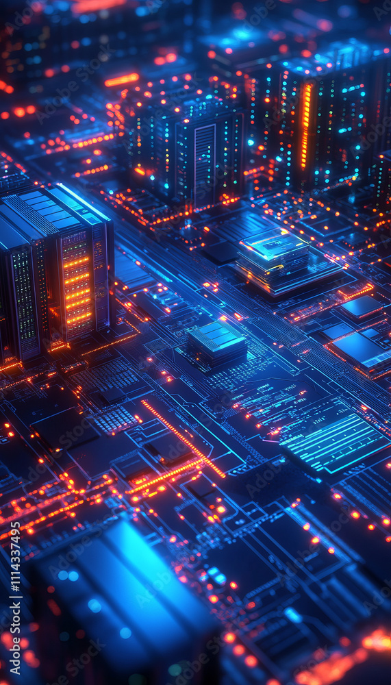 Aufkleber futuristic tech park with glowing server rooms and circuit patterns