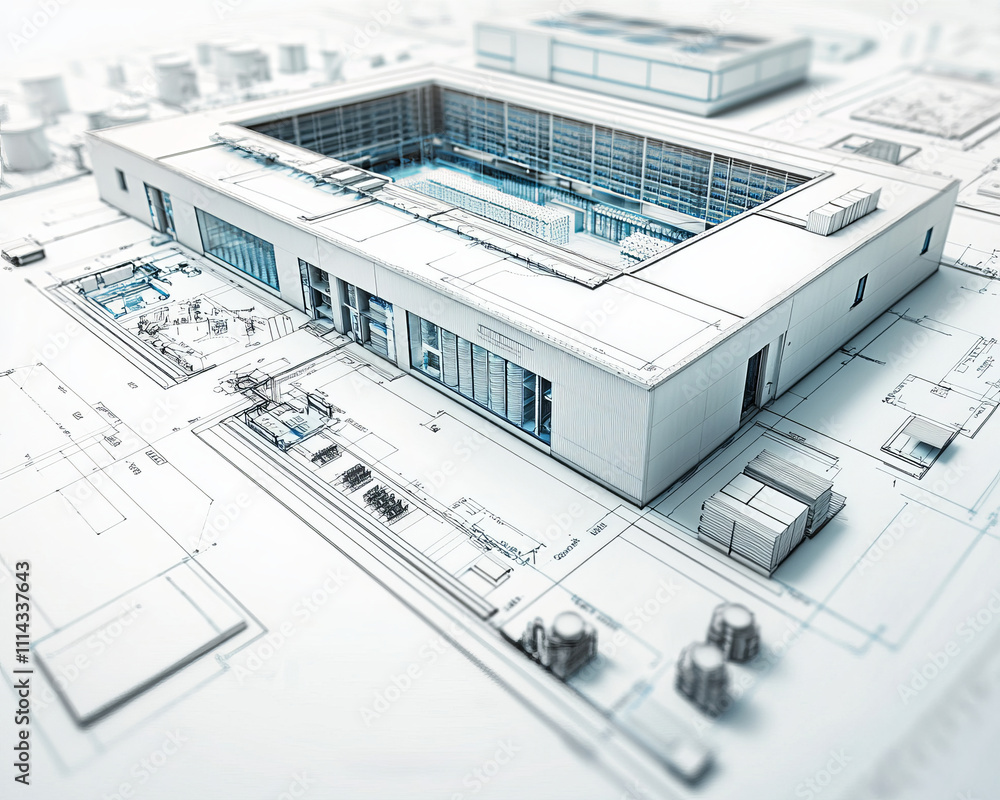 Poster high security building design with detailed blueprints and layout plans