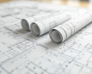 Blueprints and rolled plans for construction projects, showcasing details