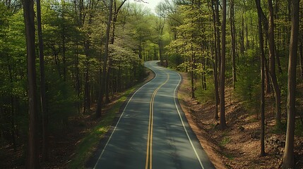 Fototapeta premium Winding Road Through Lush Springtime Forest Canopy
