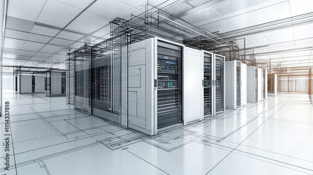Aufkleber data center blueprint with server racks and technical details