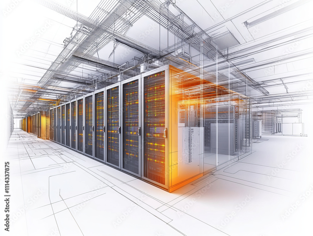 Poster data center design with server racks and illuminated elements