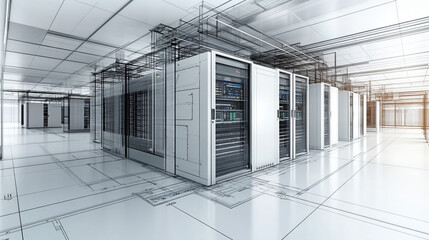 Data center blueprint with server racks and technical details