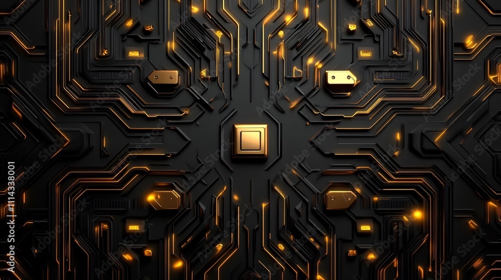 Poster complex abstract futuristic glowing geometric patterns on dark digital backdrop