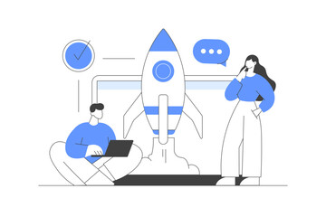 Business people working in a team. Rocket launch project. A group of people put forward an idea, start a new creative project.  Flat Cartoon Vector Illustration, icon. Stylish abstract