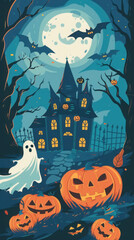 Fototapeta premium Spooky halloween night scene with haunted house and glowing pumpkins