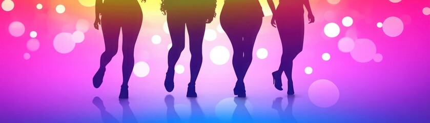 Silhouettes of Four Women Walking Elegantly Against a Vibrant Colorful Background with Bokeh Lights Creating a Dreamy and Energetic Mood