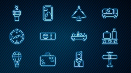 Set line Plane, Airport conveyor belt with suitcase, Jet fighter, Airline ticket, Compass, Radar, luggage towing truck and Airplane window icon. Vector