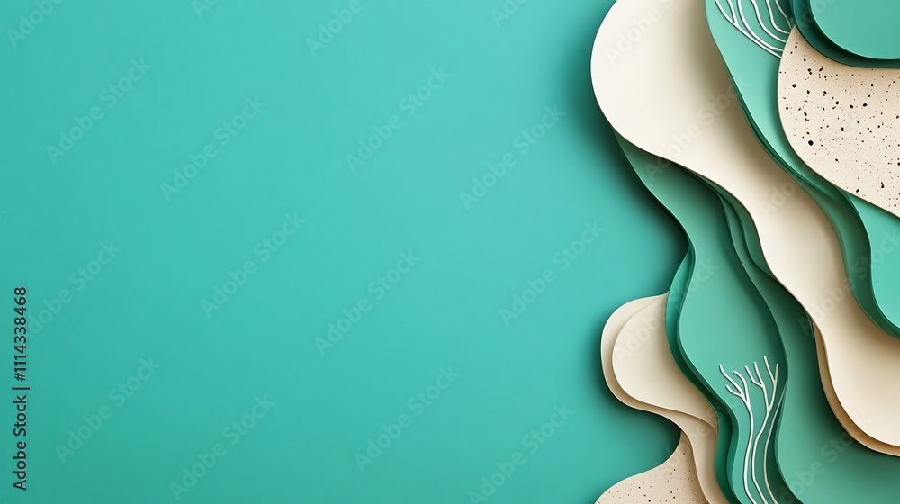 Poster organic abstract teal shapes with flowing curves and lines on minimal background