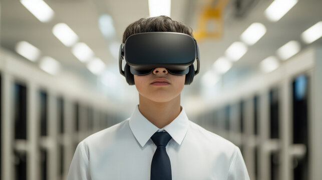 A young man engaging with virtual reality in a modern setting.