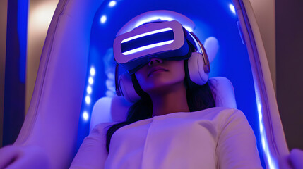Fototapeta premium Virtual reality relaxation experience futuristic spa immersive technology calm environment close-up view mindfulness concept