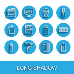 Set line Paint spray can, roller brush, Paint, gouache, jar, dye, Spiral notebook, bucket, and icon. Vector