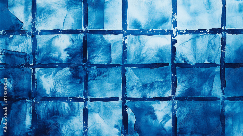 Poster blue grid pattern created with watercolor techniques in an artistic setting
