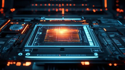Futuristic digital chip with sunset landscape inside.