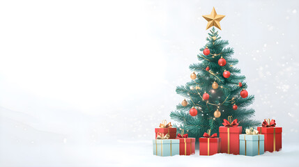 Fototapeta premium Christmas tree with gifts on white background, space for text.