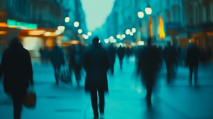 Blurred crowd on a city street at dusk