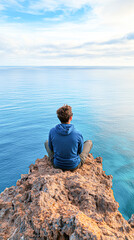 Fototapeta premium A man sits on a rock overlooking the ocean