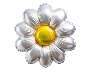 golden neon hollografic foil balloon in the shape of the daisy flower for birthday party isolated on the white background