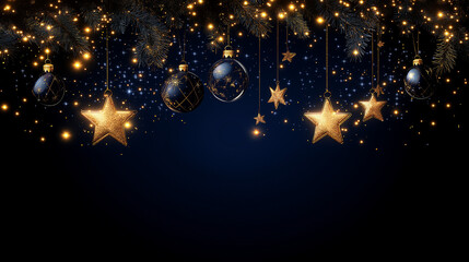 Naklejka premium Midnight Sparkle: Elegant gold stars and dark blue baubles hang against a deep blue backdrop, creating a luxurious and festive Christmas scene. Perfect for holiday greetings or winter celebrations.