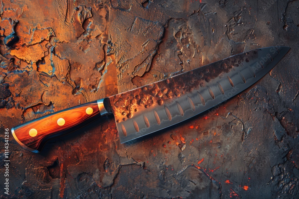 Poster a close-up shot of a large knife resting on a wooden table, suitable for use in crime or horror scen