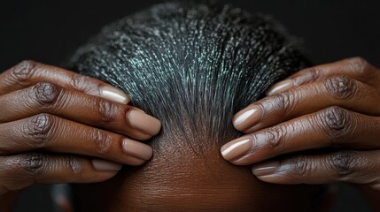 Fototapeta premium Woman's hands parting thinning hair, close-up, neutral color palette