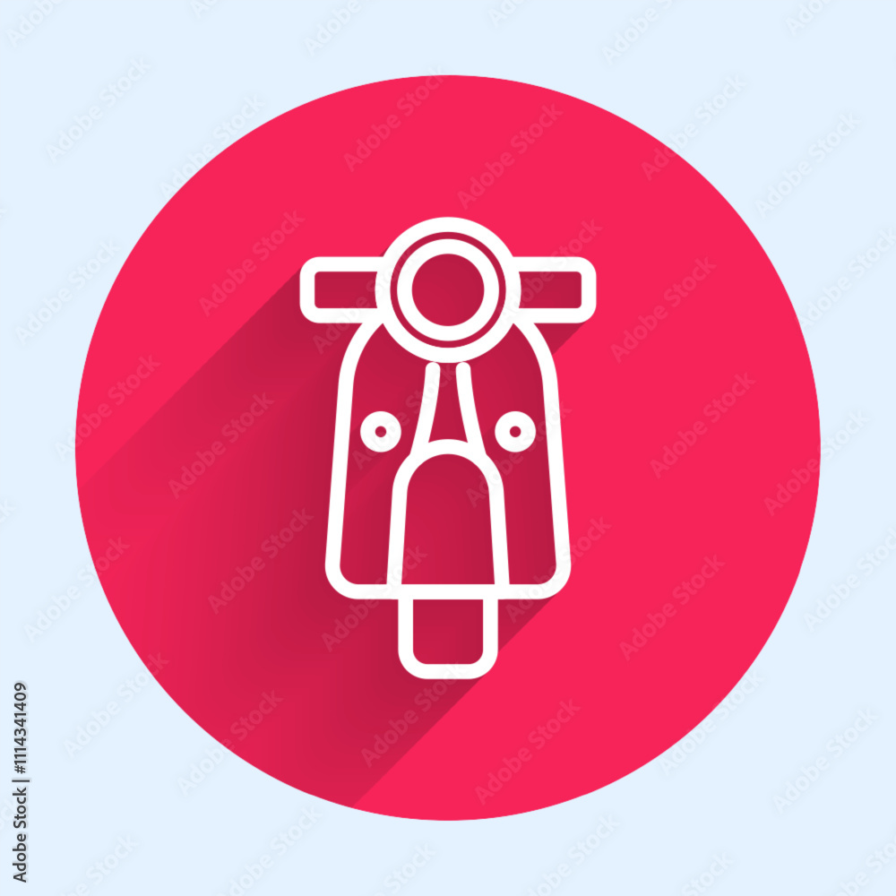 Poster white line scooter icon isolated with long shadow background. red circle button. vector