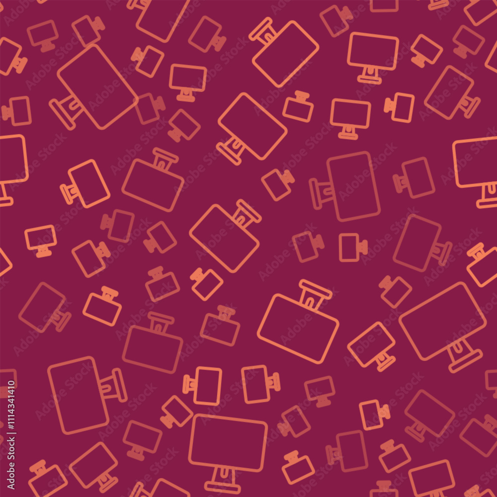 Poster brown line computer monitor screen icon isolated seamless pattern on red background. electronic devi