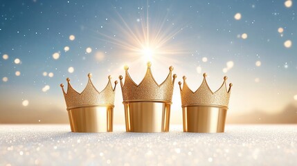 Obraz premium Golden crowns on glittering snow with sparkling lights in festive atmosphere