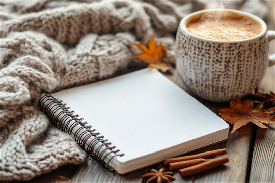 Spiral notebook with coffee and autumn leaves on a wooden background. Top view, mockup